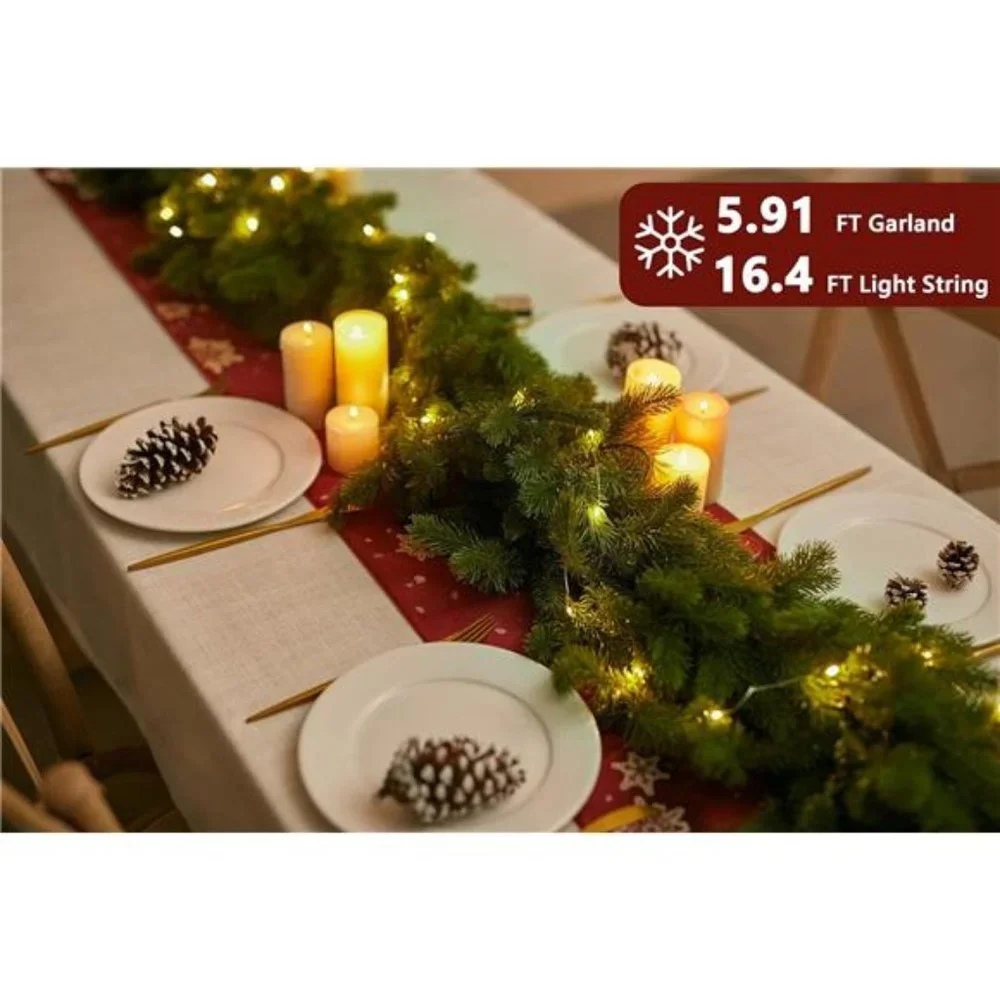 6FT Christmas Garland Pine Garland with 16.4FT LED Lights String, Greenery Plant